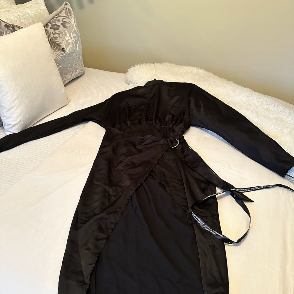Pretty Little Thing black satin wrap skirt backless midi dress